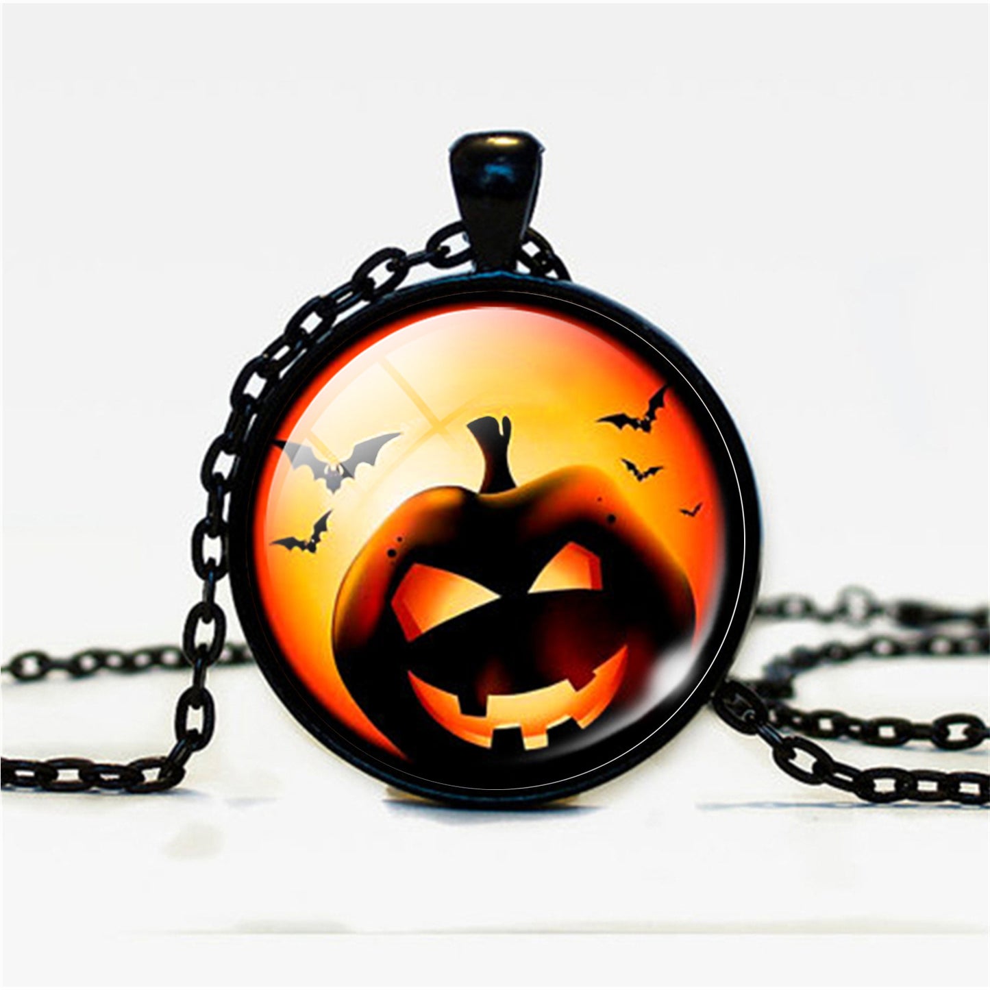 Halloween Pumpkin Time Gemstone Glass Pendant Necklace