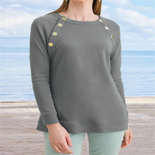 Women's New Metal Button Round Neck Plain Casual Long-sleeved Sweater