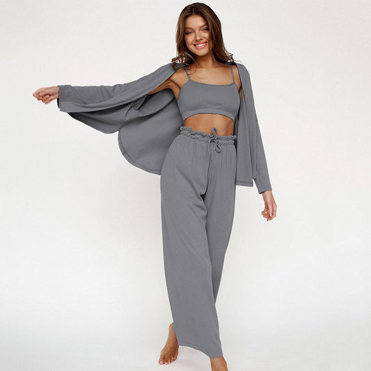 Women's Fashion Solid Color Pajamas Undershirt Three-piece Set