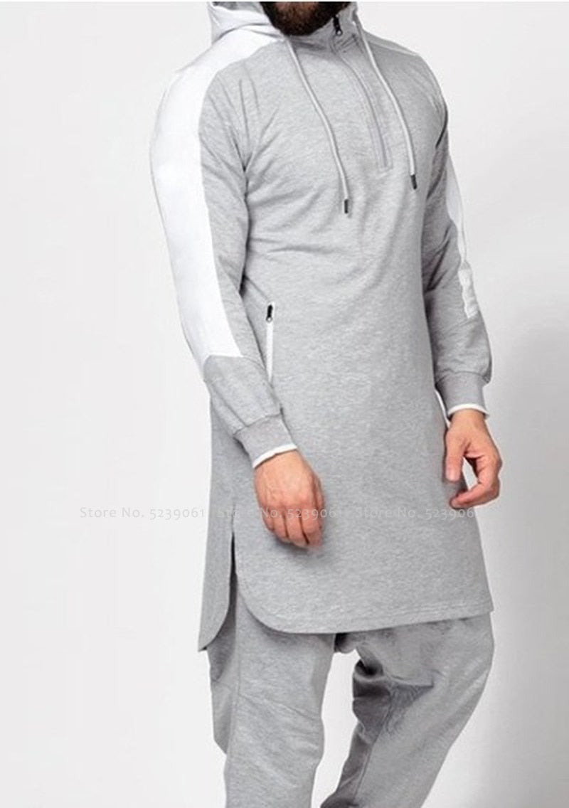 Men's Arabic Colorblock Robe Muslim Zip Pocket Sweatshirt